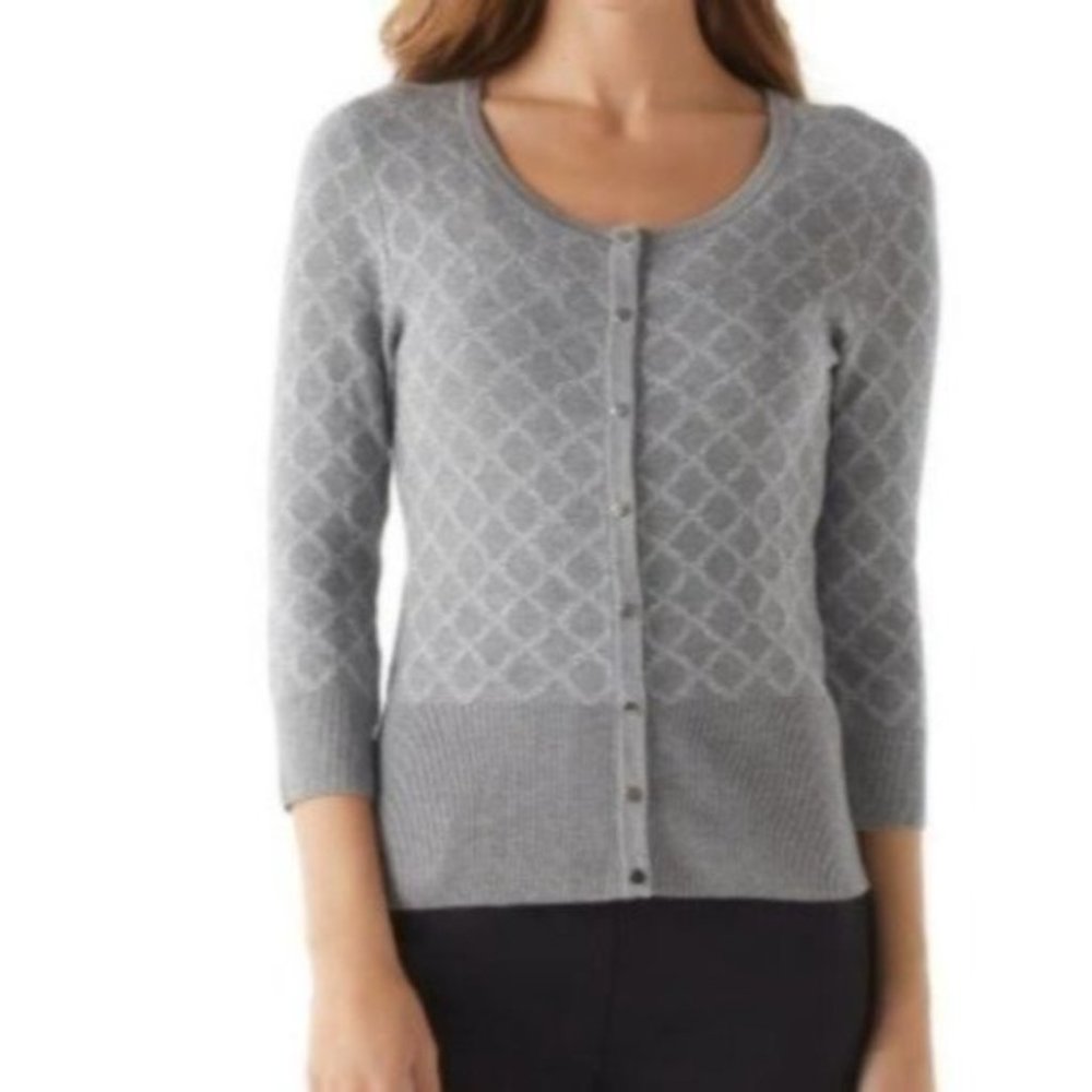 White House Black Market Jacquard‎ Shimmer Cardigan Gray S Small Snap Buttons
